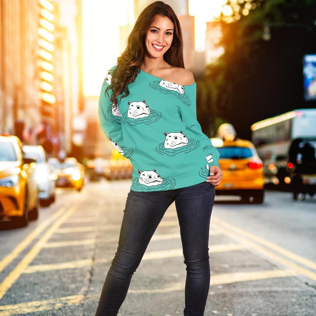 Hippo Print Pattern Women Off Shoulder Sweatshirt-grizzshop