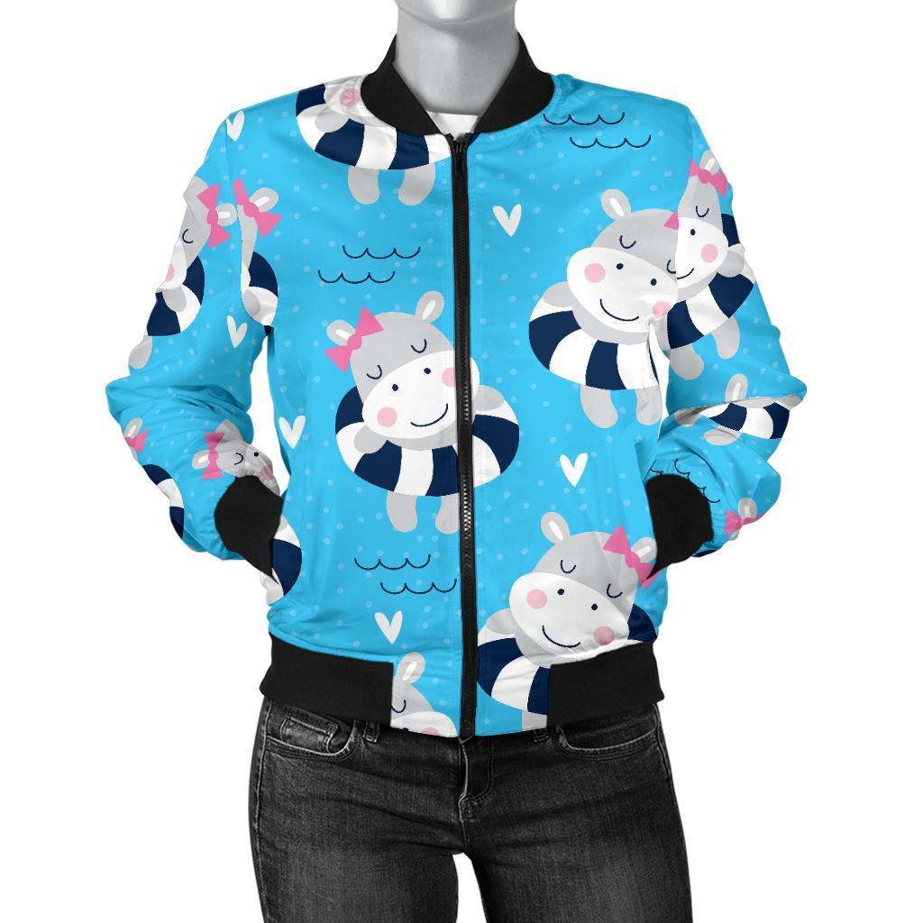 Hippo Cute Pattern Print Women Casual Bomber Jacket-grizzshop
