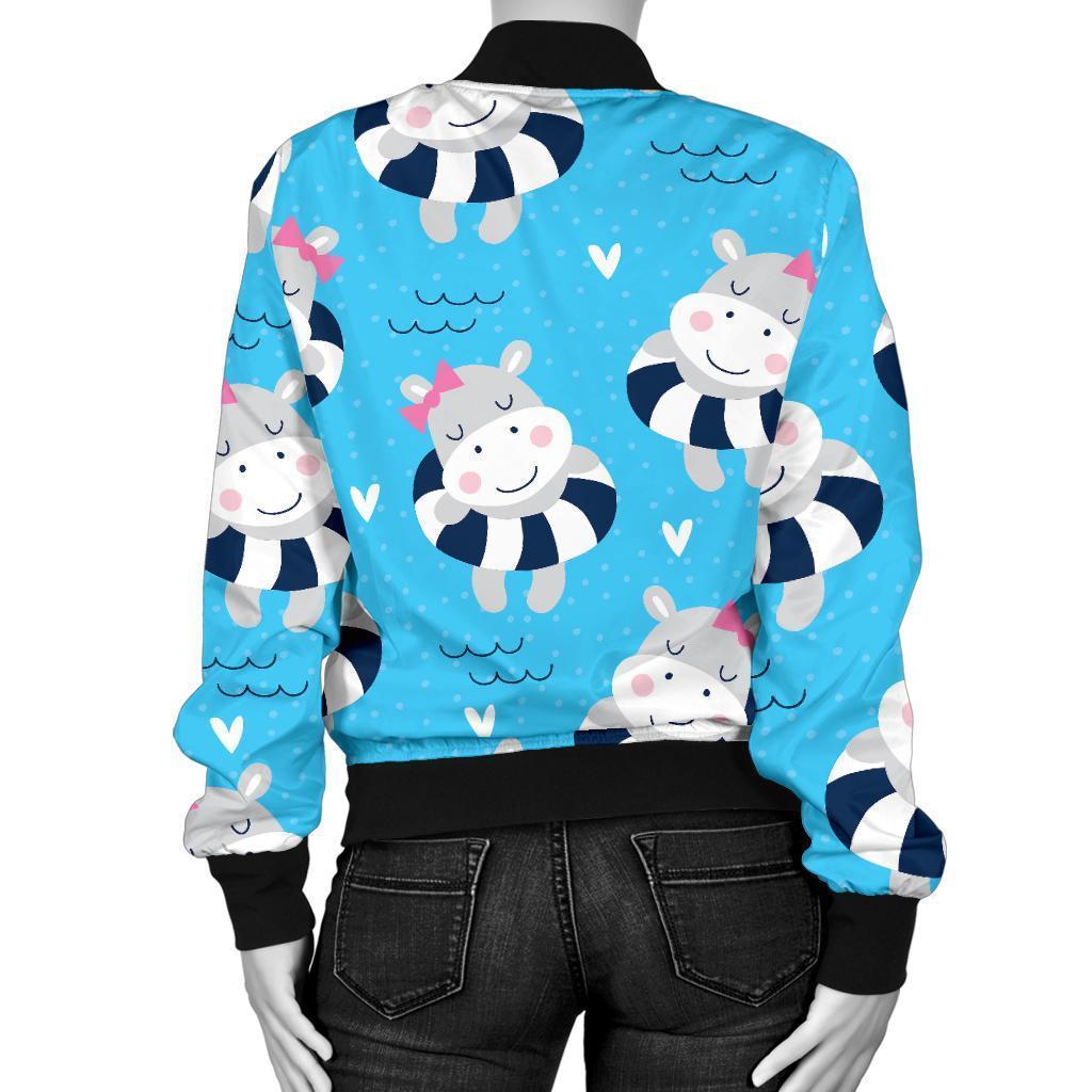 Hippo Cute Pattern Print Women Casual Bomber Jacket-grizzshop