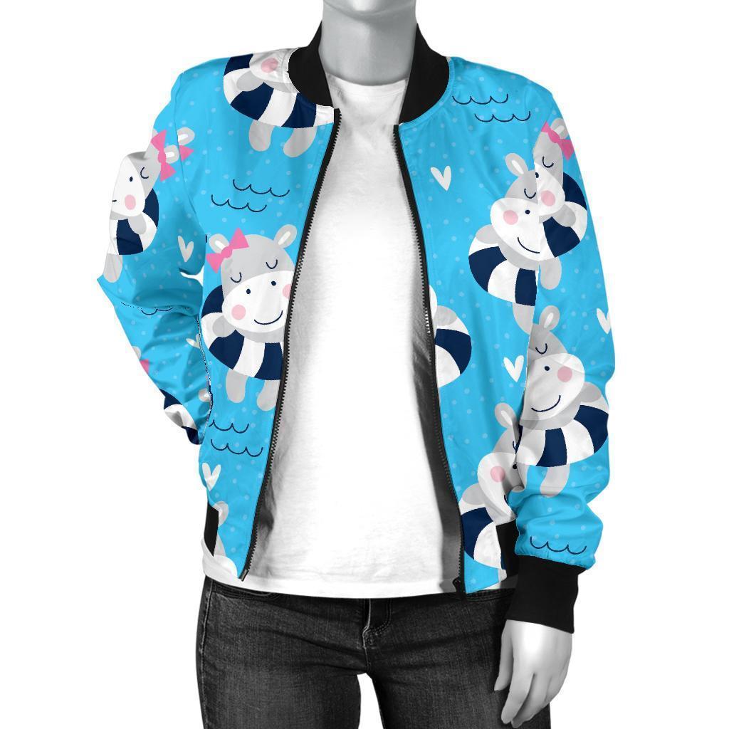 Hippo Cute Pattern Print Women Casual Bomber Jacket-grizzshop