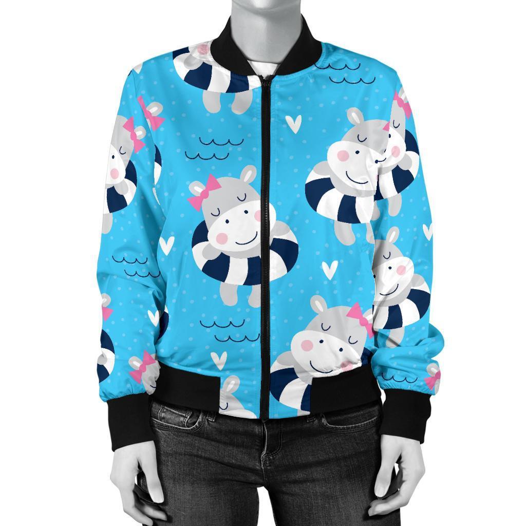 Hippo Cute Pattern Print Women Casual Bomber Jacket-grizzshop