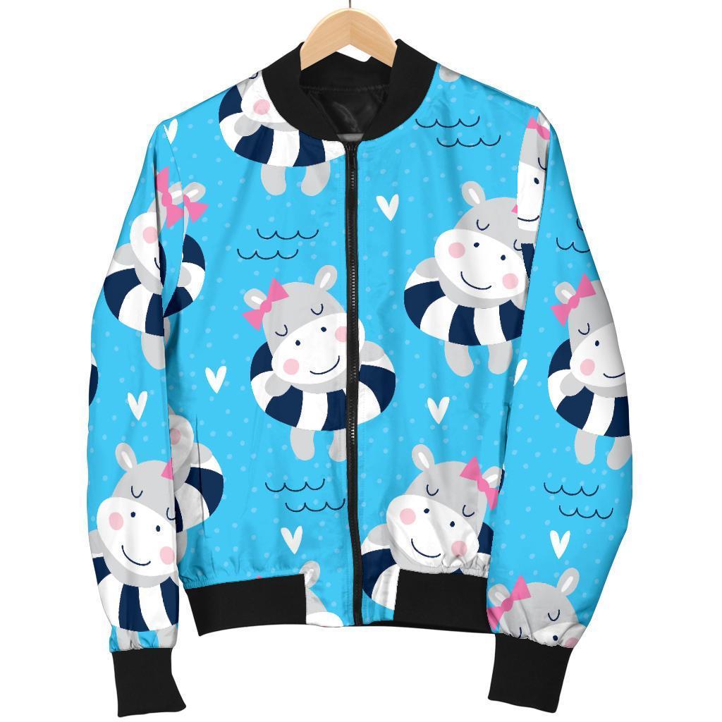 Hippo Cute Pattern Print Women Casual Bomber Jacket-grizzshop