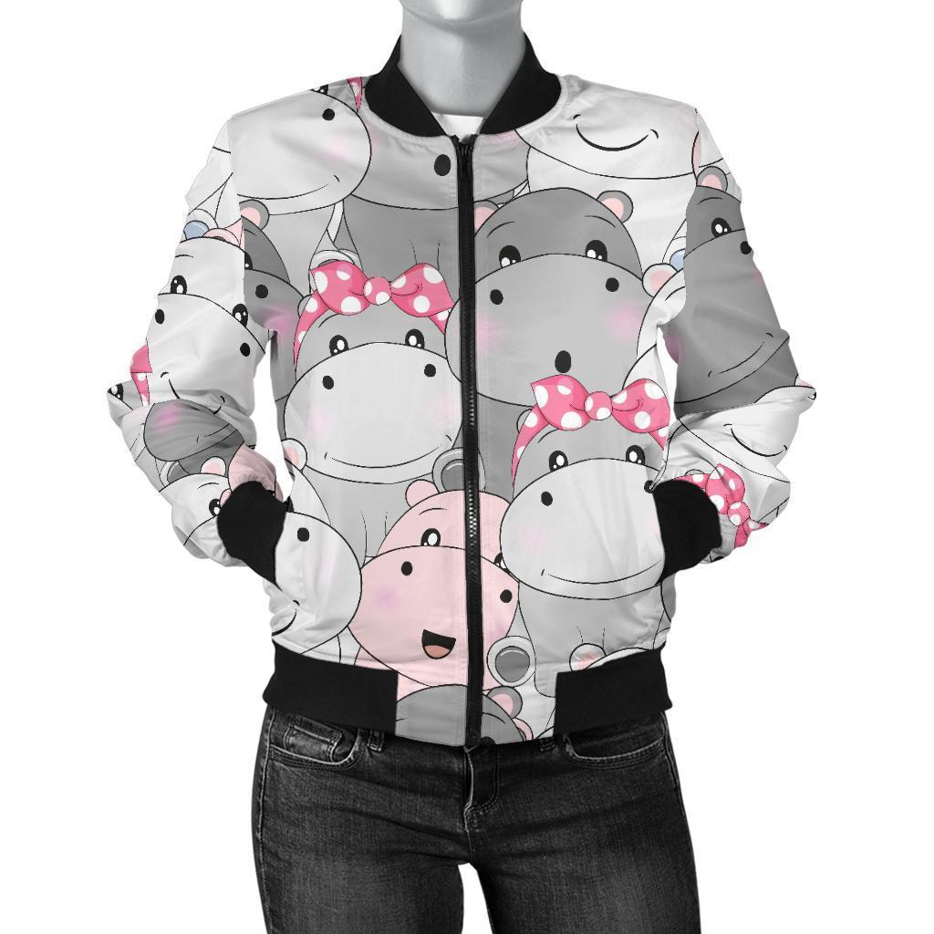 Hippo Cute Print Pattern Women Casual Bomber Jacket-grizzshop