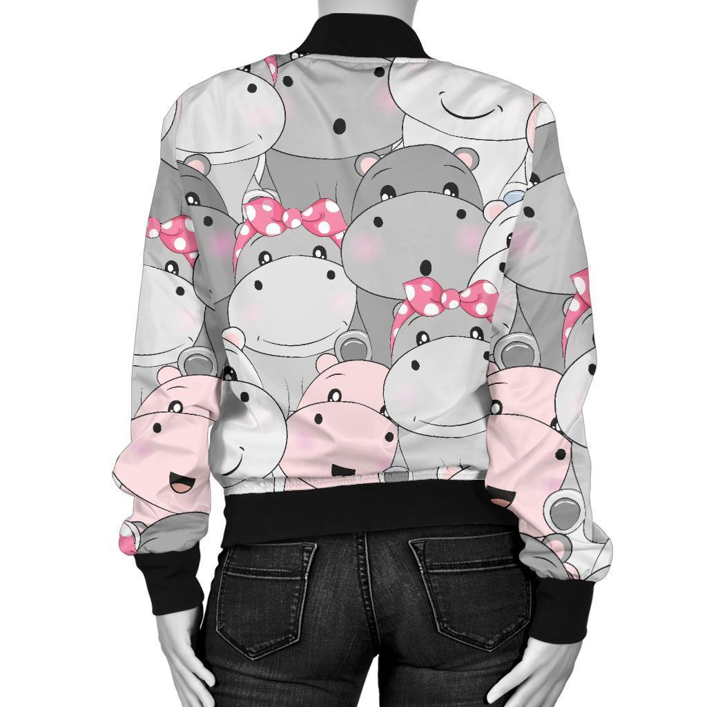 Hippo Cute Print Pattern Women Casual Bomber Jacket-grizzshop