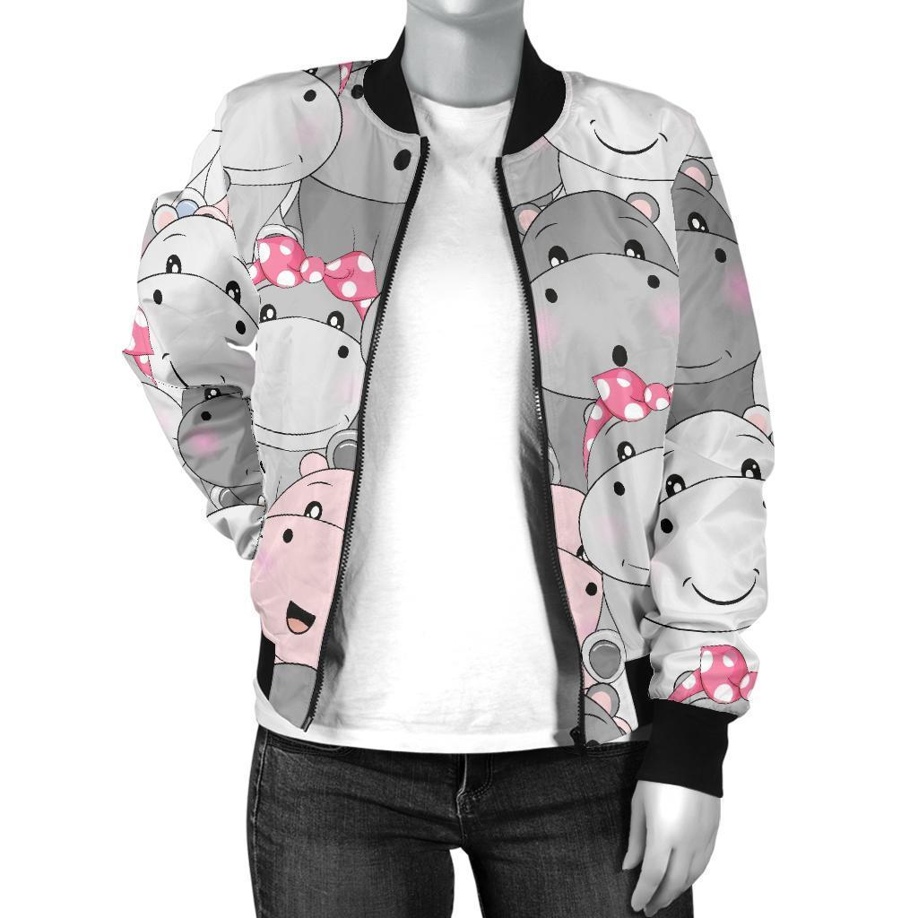 Hippo Cute Print Pattern Women Casual Bomber Jacket-grizzshop