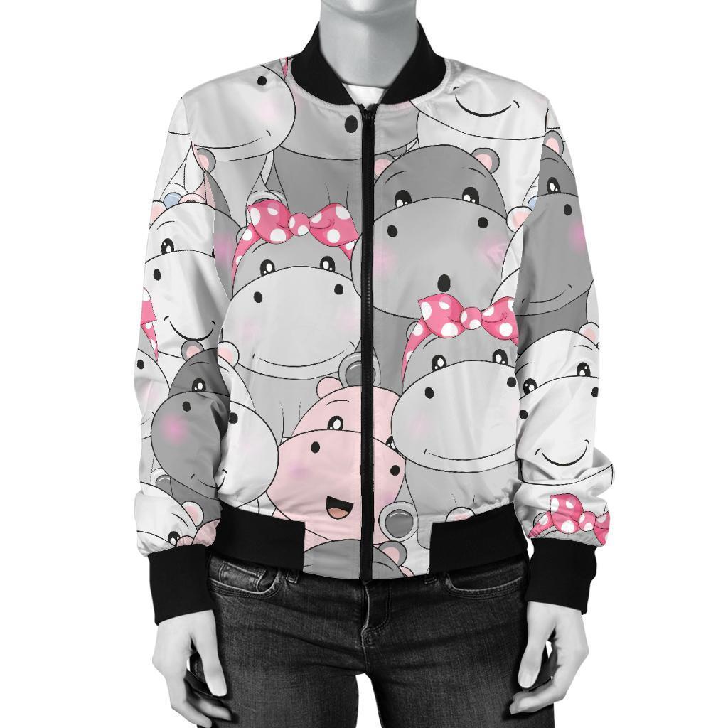 Hippo Cute Print Pattern Women Casual Bomber Jacket-grizzshop