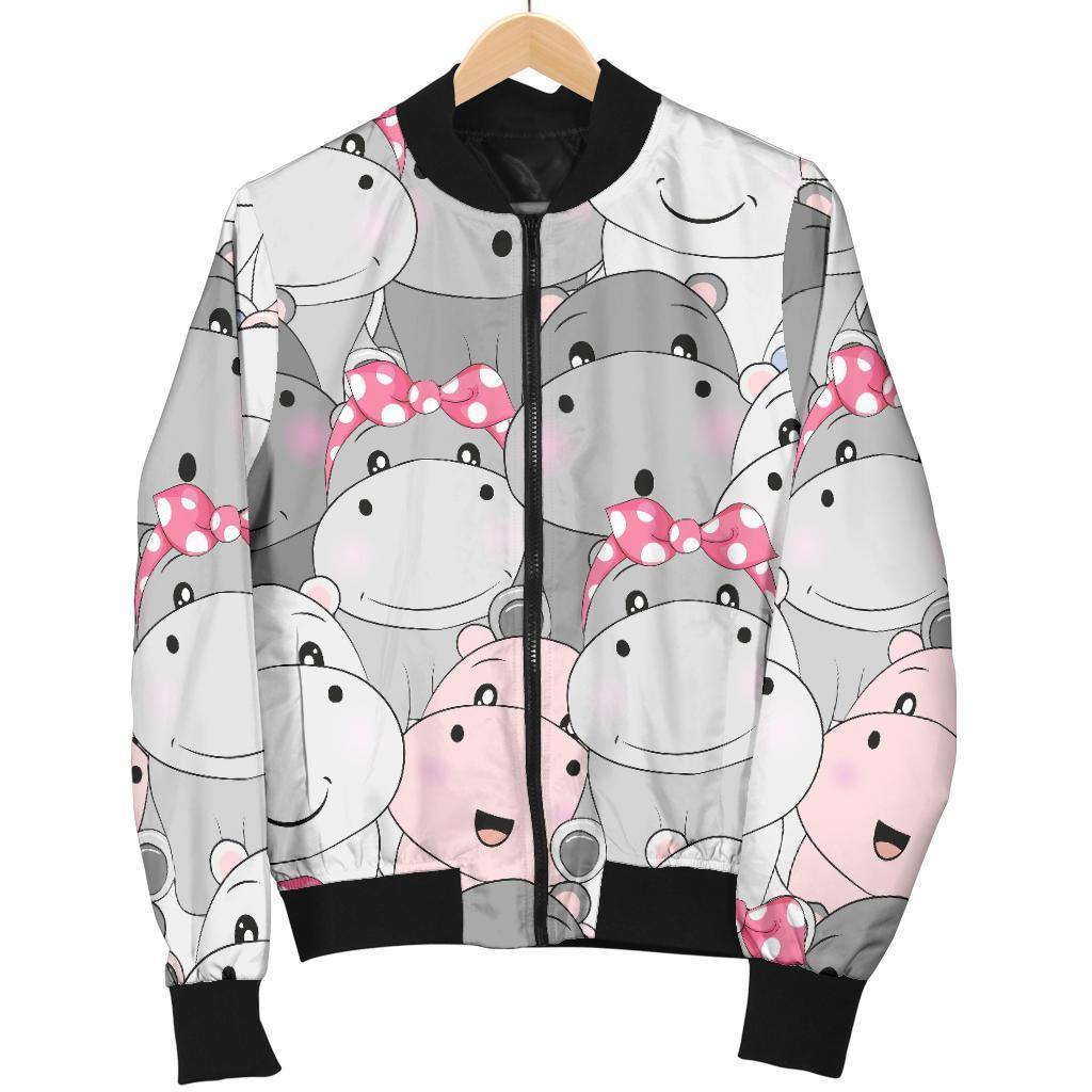Hippo Cute Print Pattern Women Casual Bomber Jacket-grizzshop