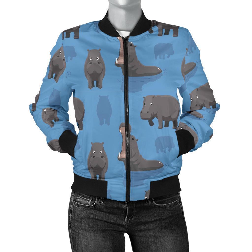 Hippo Pattern Print Women Casual Bomber Jacket-grizzshop