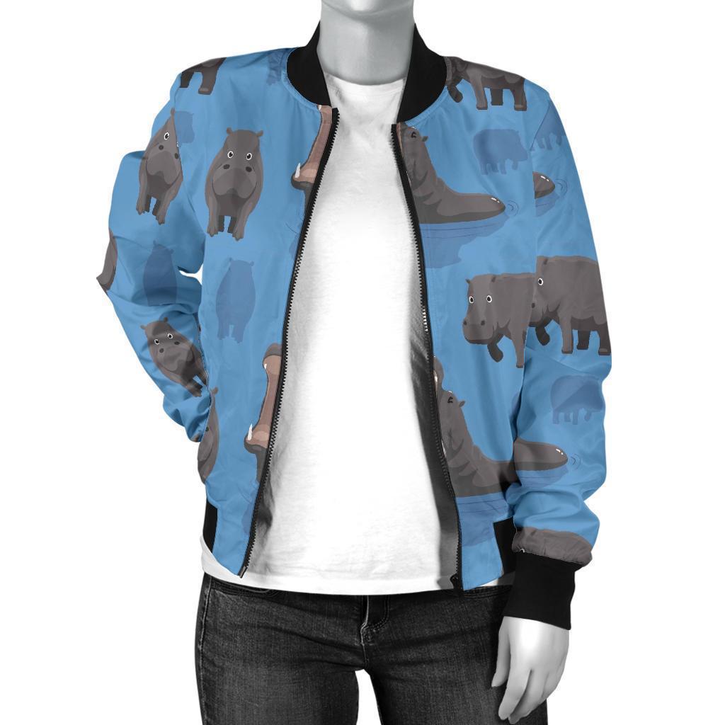 Hippo Pattern Print Women Casual Bomber Jacket-grizzshop