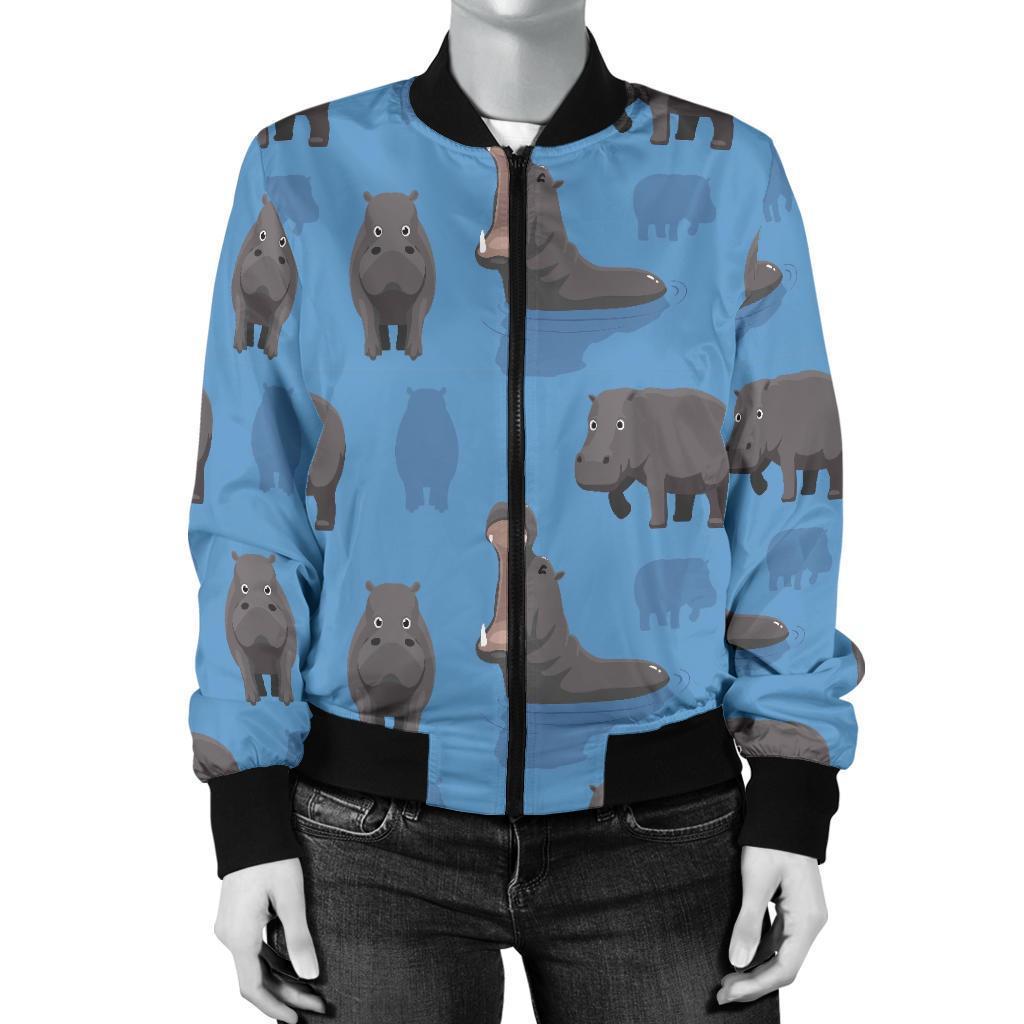 Hippo Pattern Print Women Casual Bomber Jacket-grizzshop