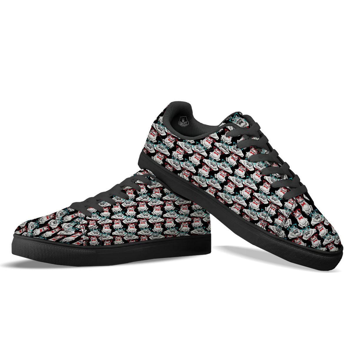 Hipster Frog Print Pattern Black Low Top Sneakers-grizzshop