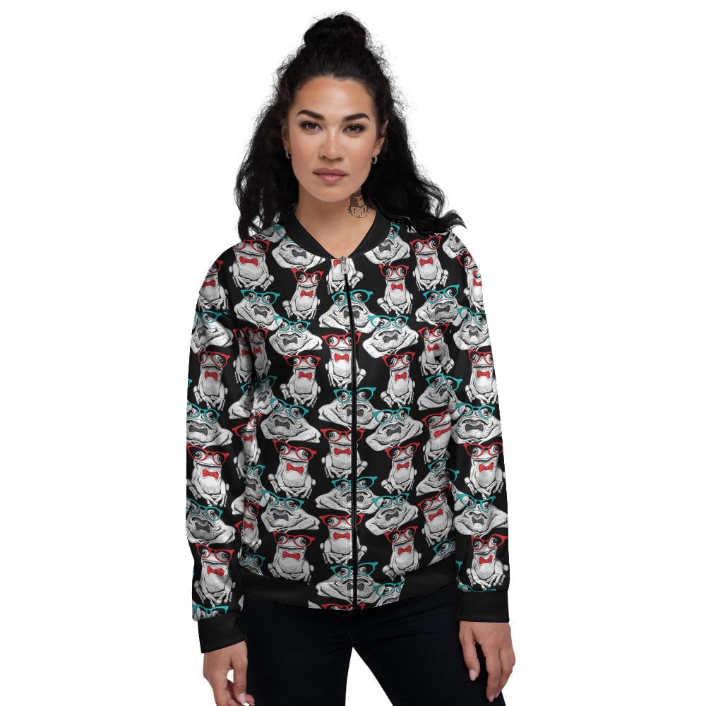 Hipster Frog Print Pattern Women's Bomber Jacket-grizzshop