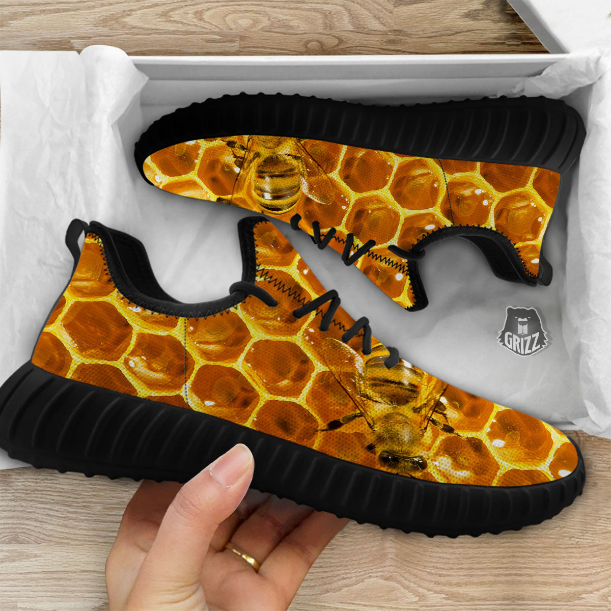 Hive Honey Bee Print Black Walking Shoes-grizzshop