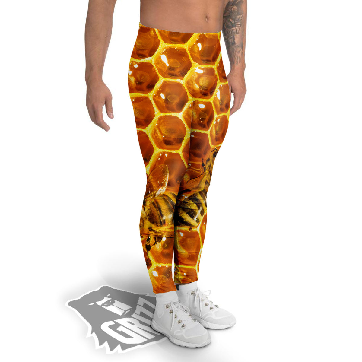 Hive Honey Bee Print Men's Leggings-grizzshop