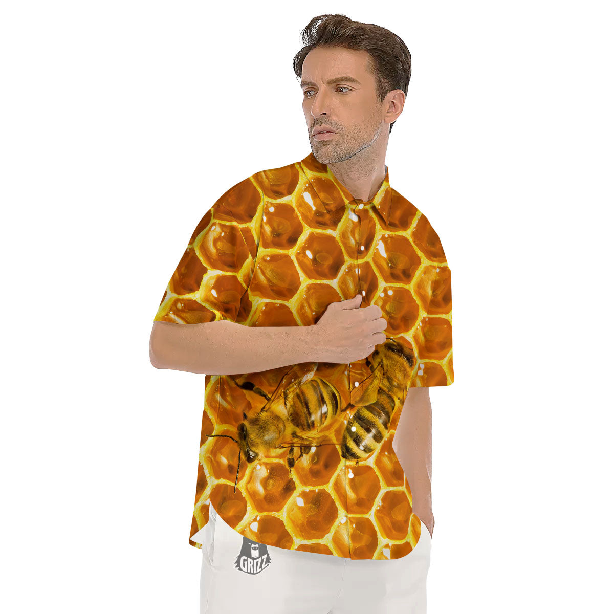 Hive Honey Bee Print Men's Short Sleeve Shirts-grizzshop