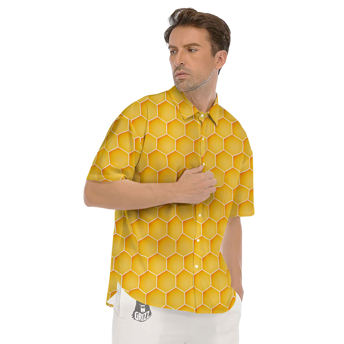 Hive Honey Bee Print Pattern Men's Short Sleeve Shirts-grizzshop