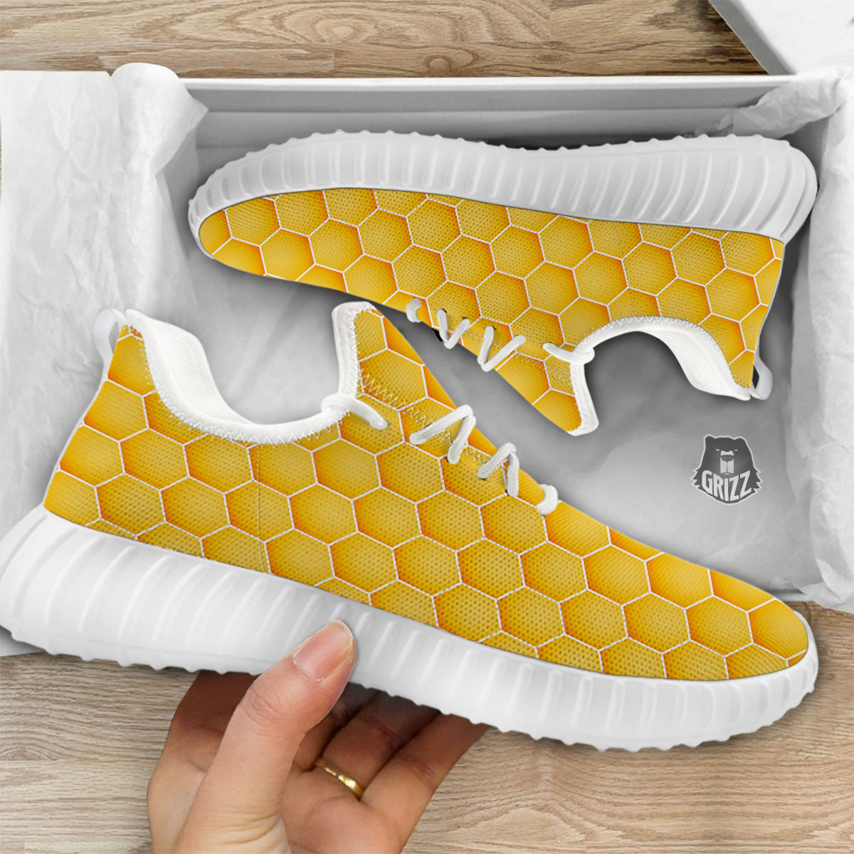 Hive Honey Bee Print Pattern White Walking Shoes-grizzshop