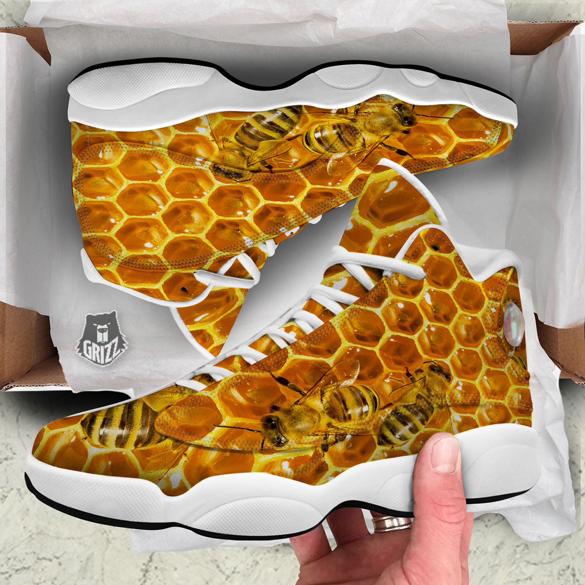 Hive Honey Bee Print White Basketball Shoes-grizzshop