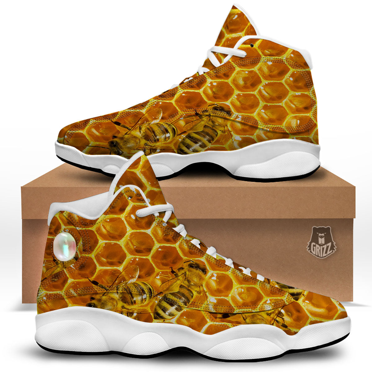Hive Honey Bee Print White Basketball Shoes-grizzshop