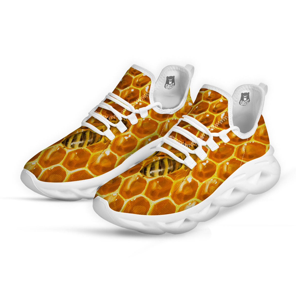 Hive Honey Bee Print White Running Shoes-grizzshop