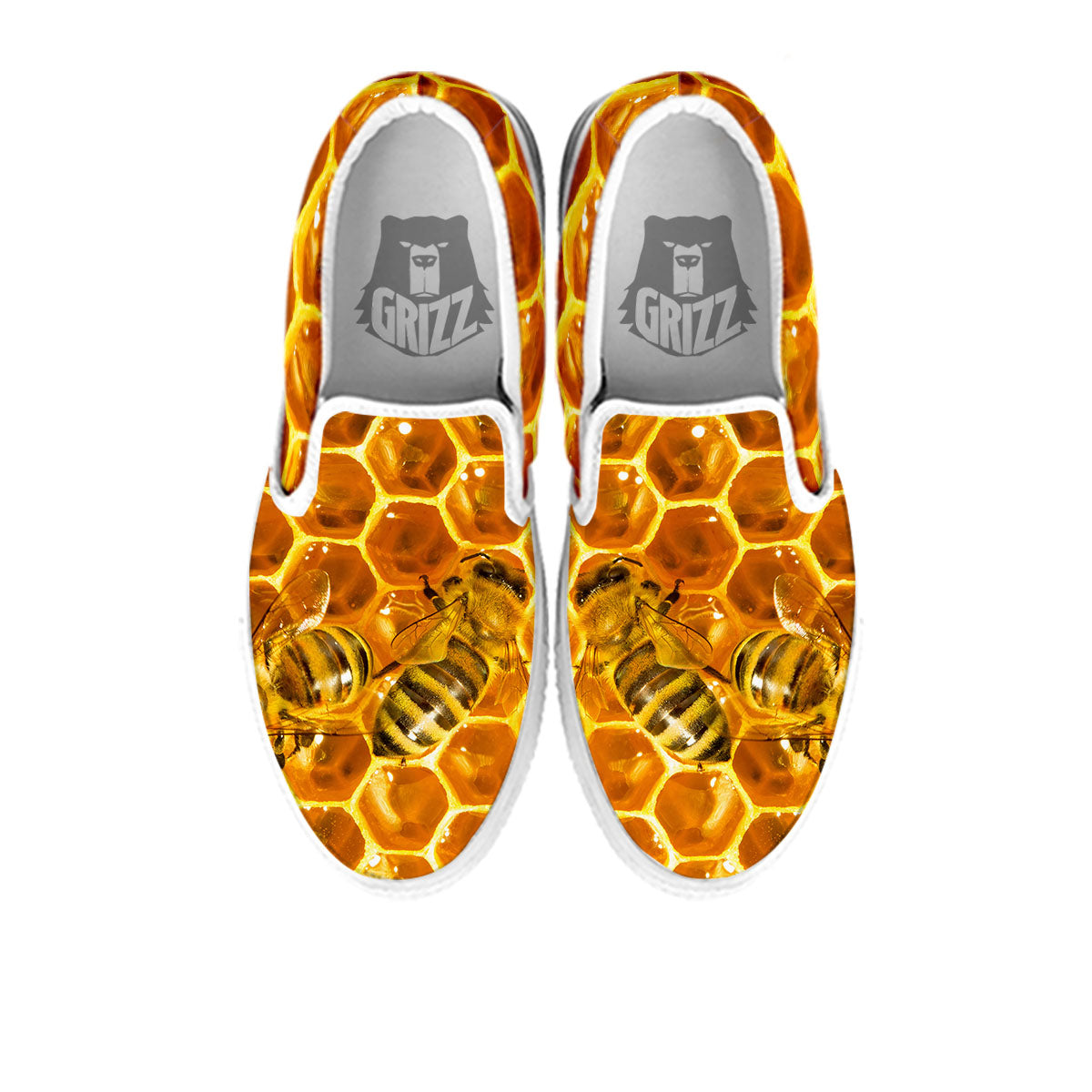 Hive Honey Bee Print White Slip On Shoes-grizzshop