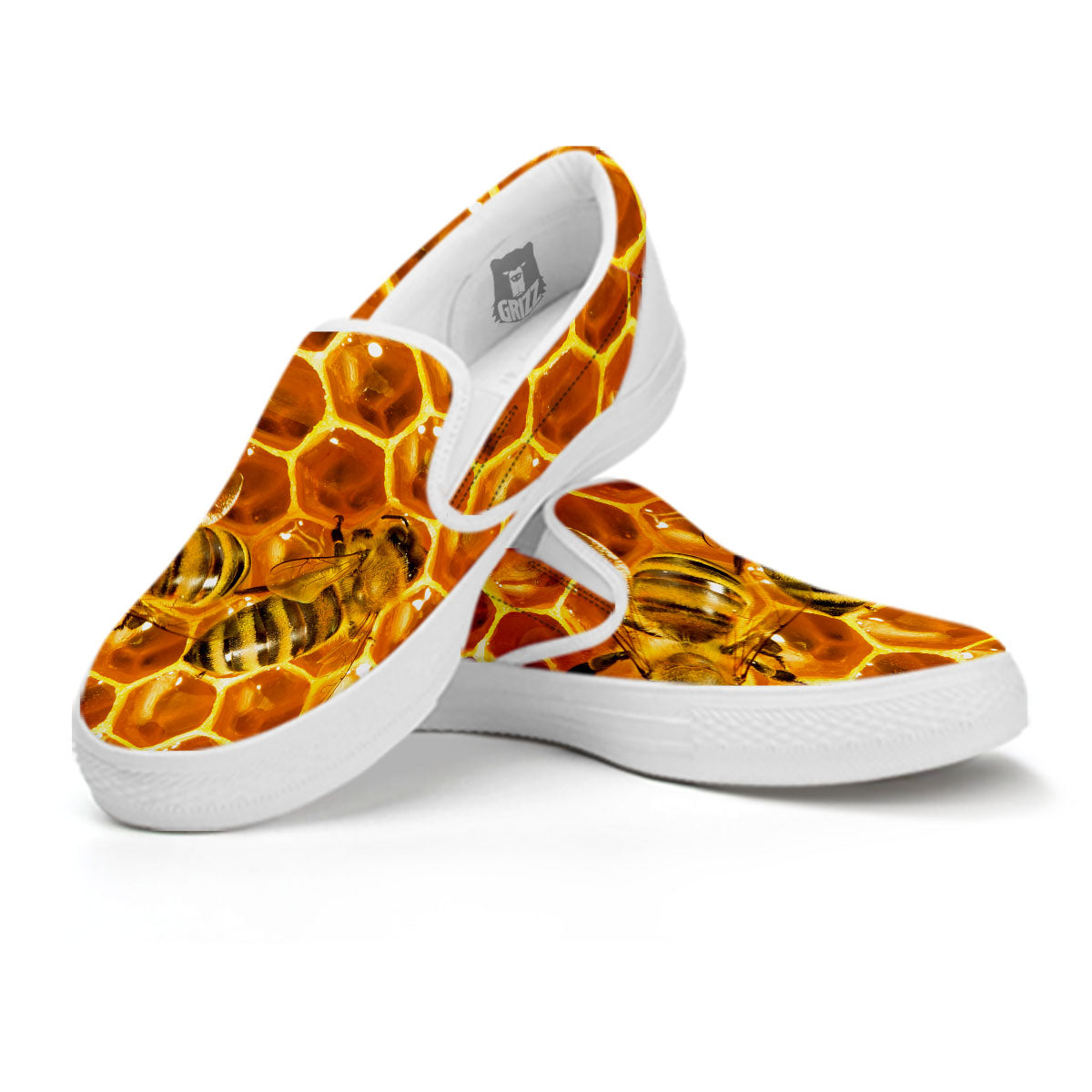 Hive Honey Bee Print White Slip On Shoes-grizzshop