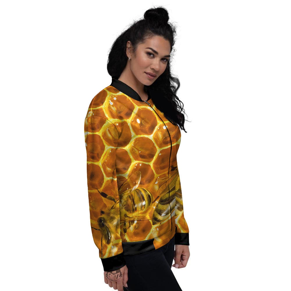 Hive Honey Bee Print Women's Bomber Jacket-grizzshop