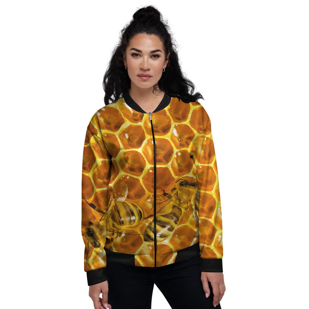 Hive Honey Bee Print Women's Bomber Jacket-grizzshop