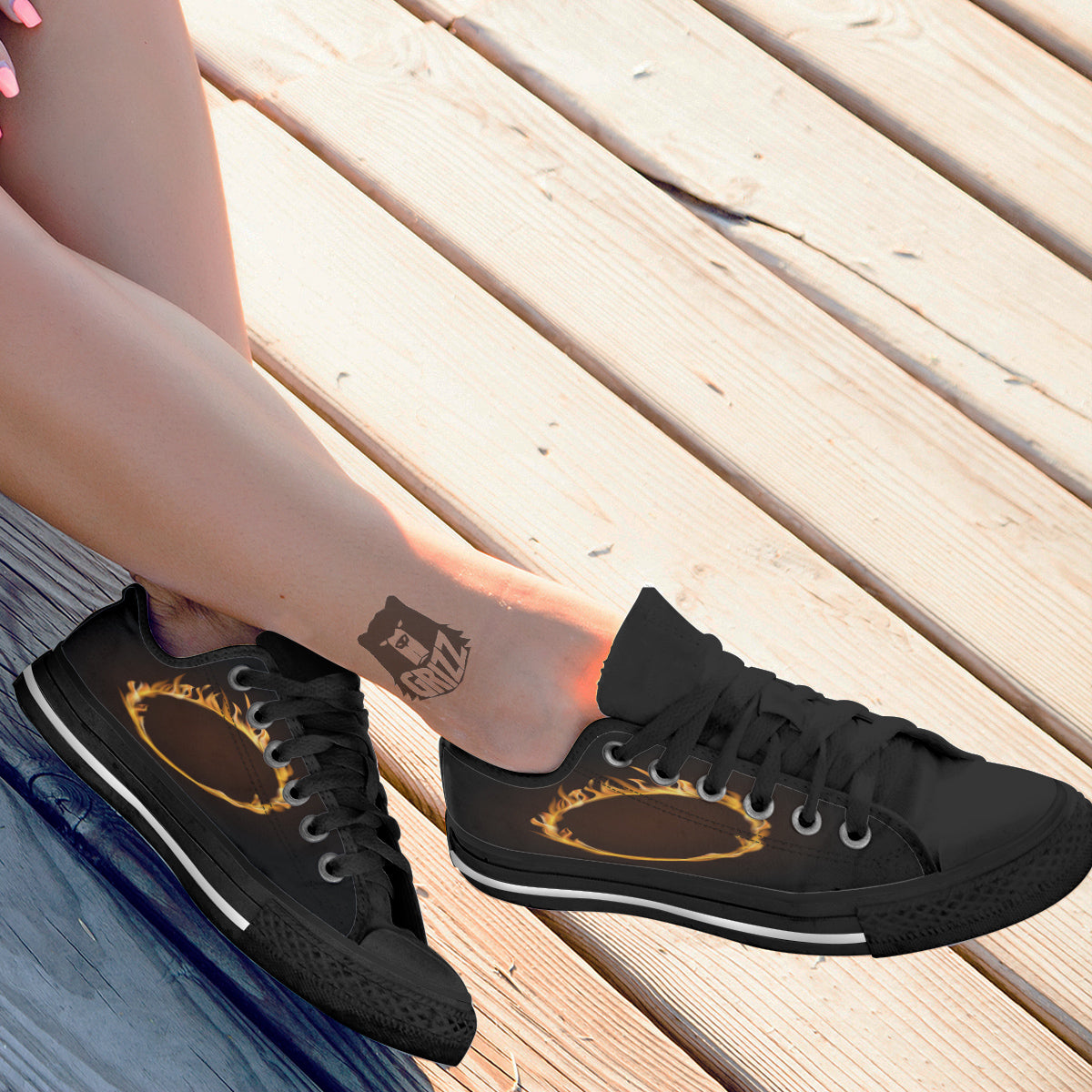 Hole Burning Print Black Low Top Shoes-grizzshop