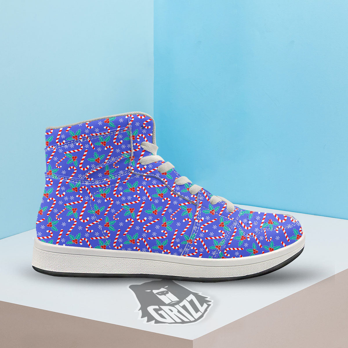 Holly Berry And Candy Cane Christmas Print Pattern High Top Sneakers-grizzshop