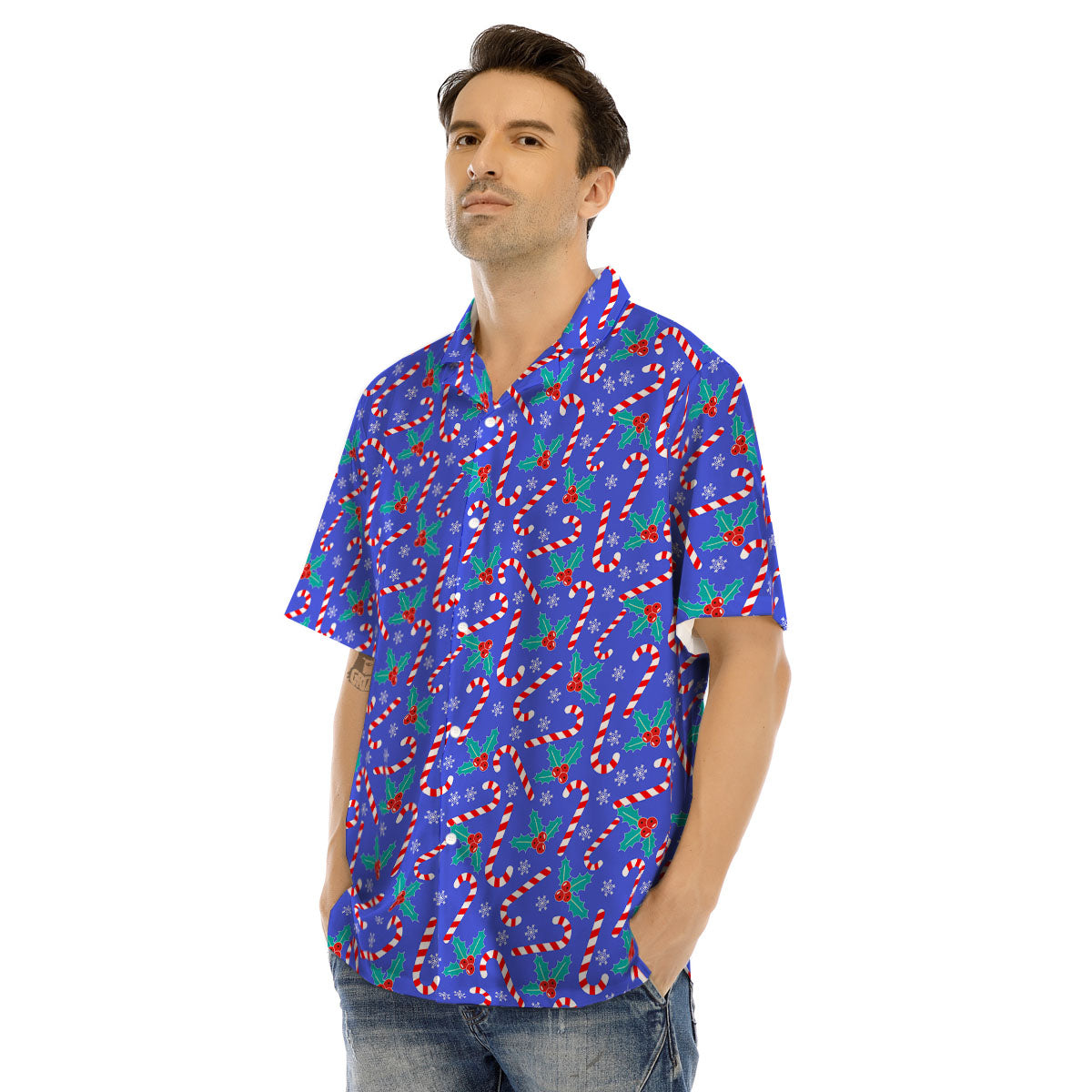 Holly Berry And Candy Cane Christmas Print Pattern Men's Hawaiian Shirt-grizzshop