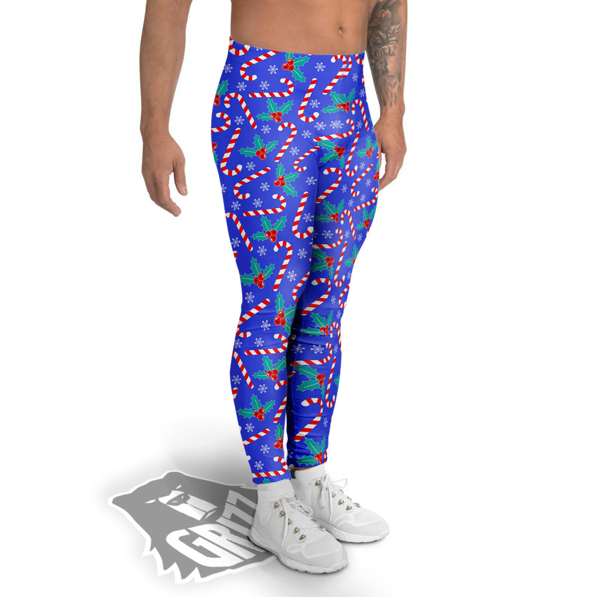 Holly Berry And Candy Cane Christmas Print Pattern Men's Leggings-grizzshop