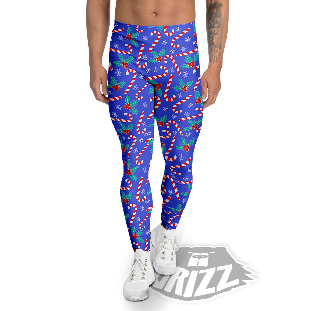 Holly Berry And Candy Cane Christmas Print Pattern Men's Leggings-grizzshop