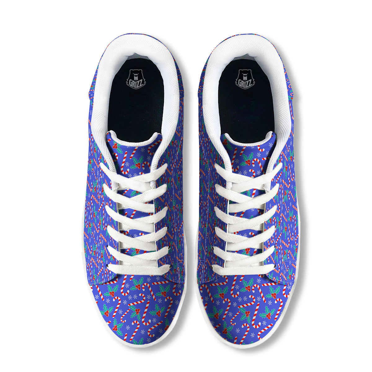 Holly Berry And Candy Cane Christmas Print Pattern White Low Top Sneakers-grizzshop