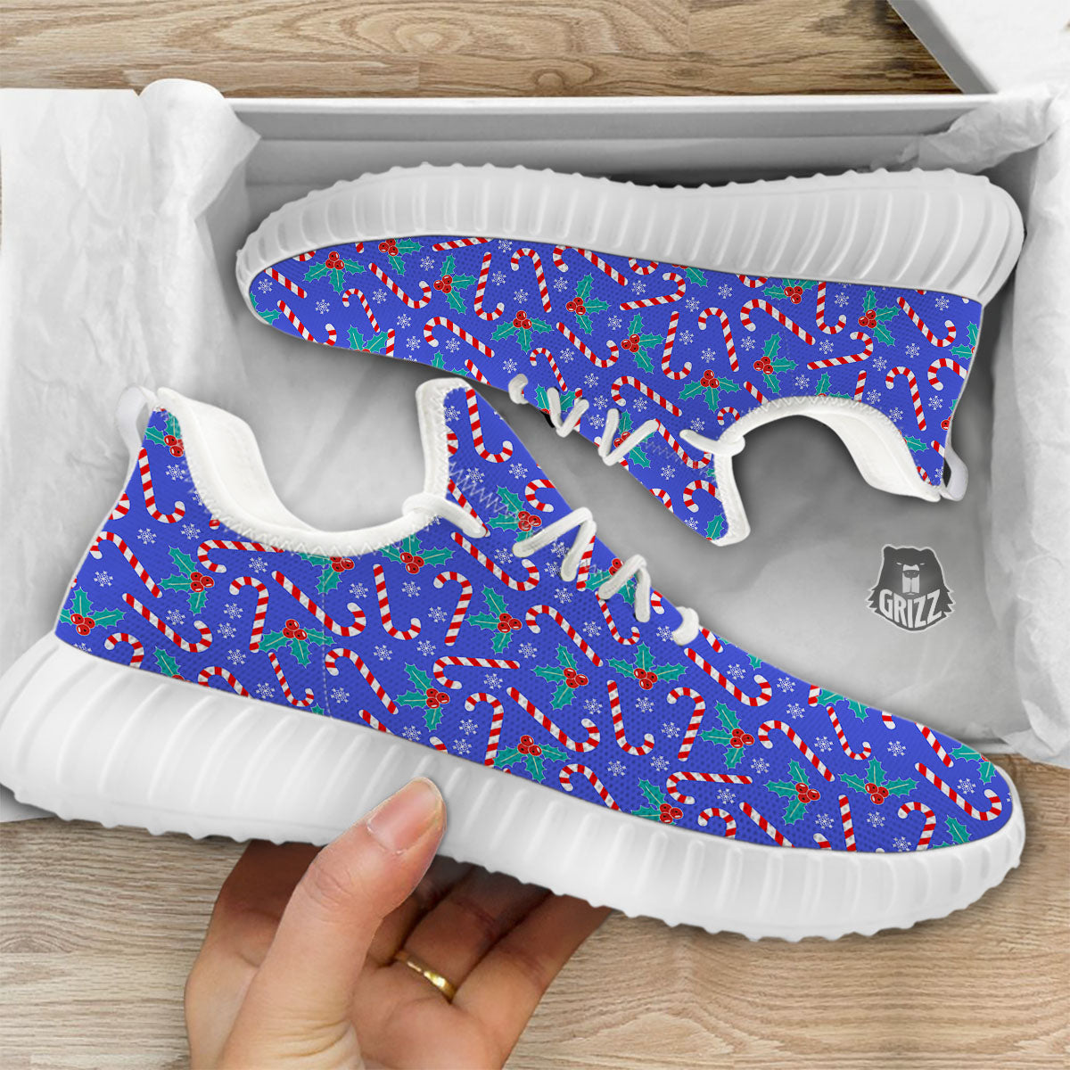 Holly Berry And Candy Cane Christmas Print Pattern White Walking Shoes-grizzshop
