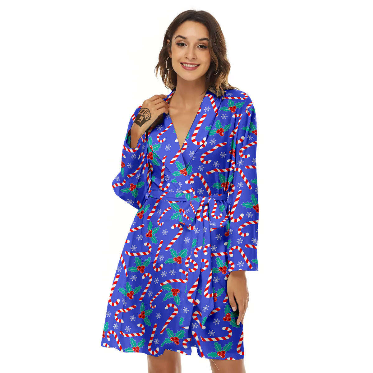 Holly Berry And Candy Cane Christmas Print Pattern Women's Robe-grizzshop