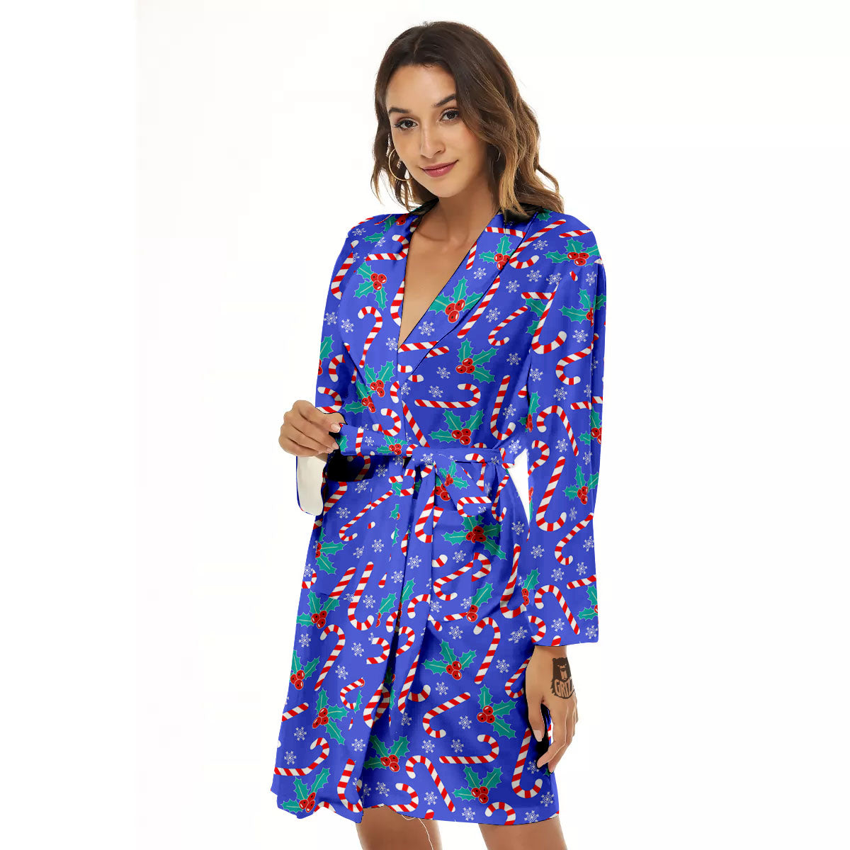 Holly Berry And Candy Cane Christmas Print Pattern Women's Robe-grizzshop