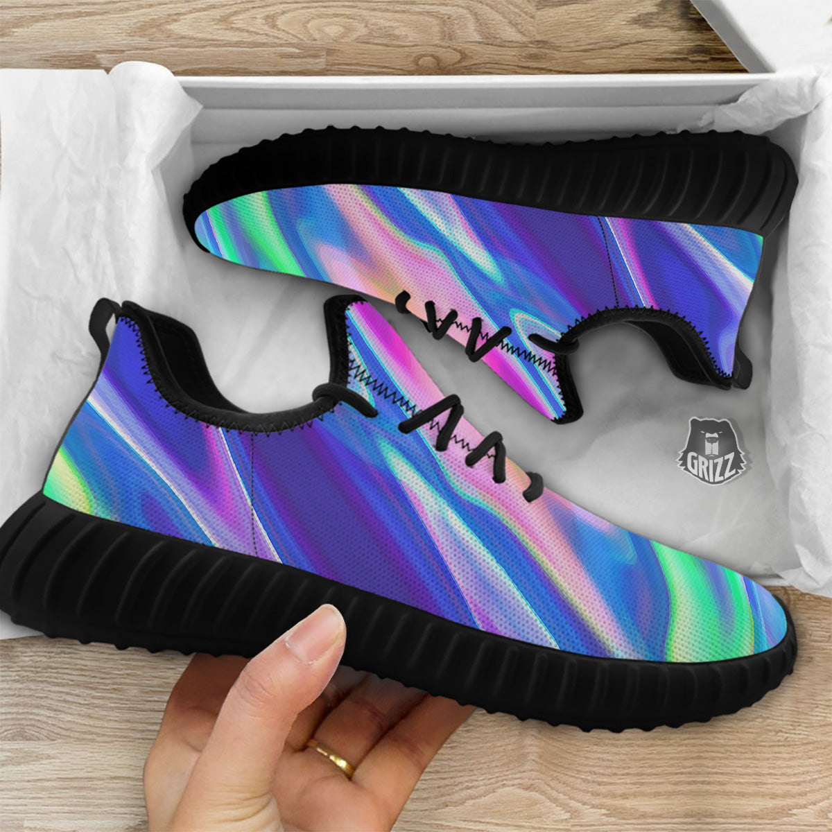 Holographic Bright Print Black Walking Shoes-grizzshop