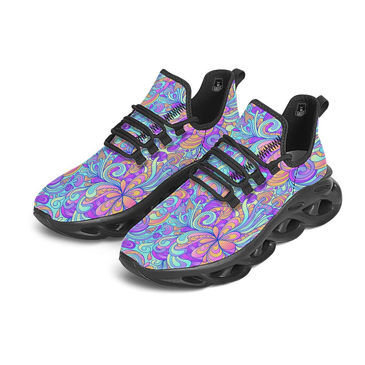 Holographic Floral Psychedelic Black Running Shoes-grizzshop