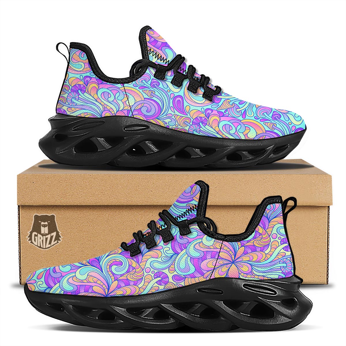 Holographic Floral Psychedelic Black Running Shoes-grizzshop