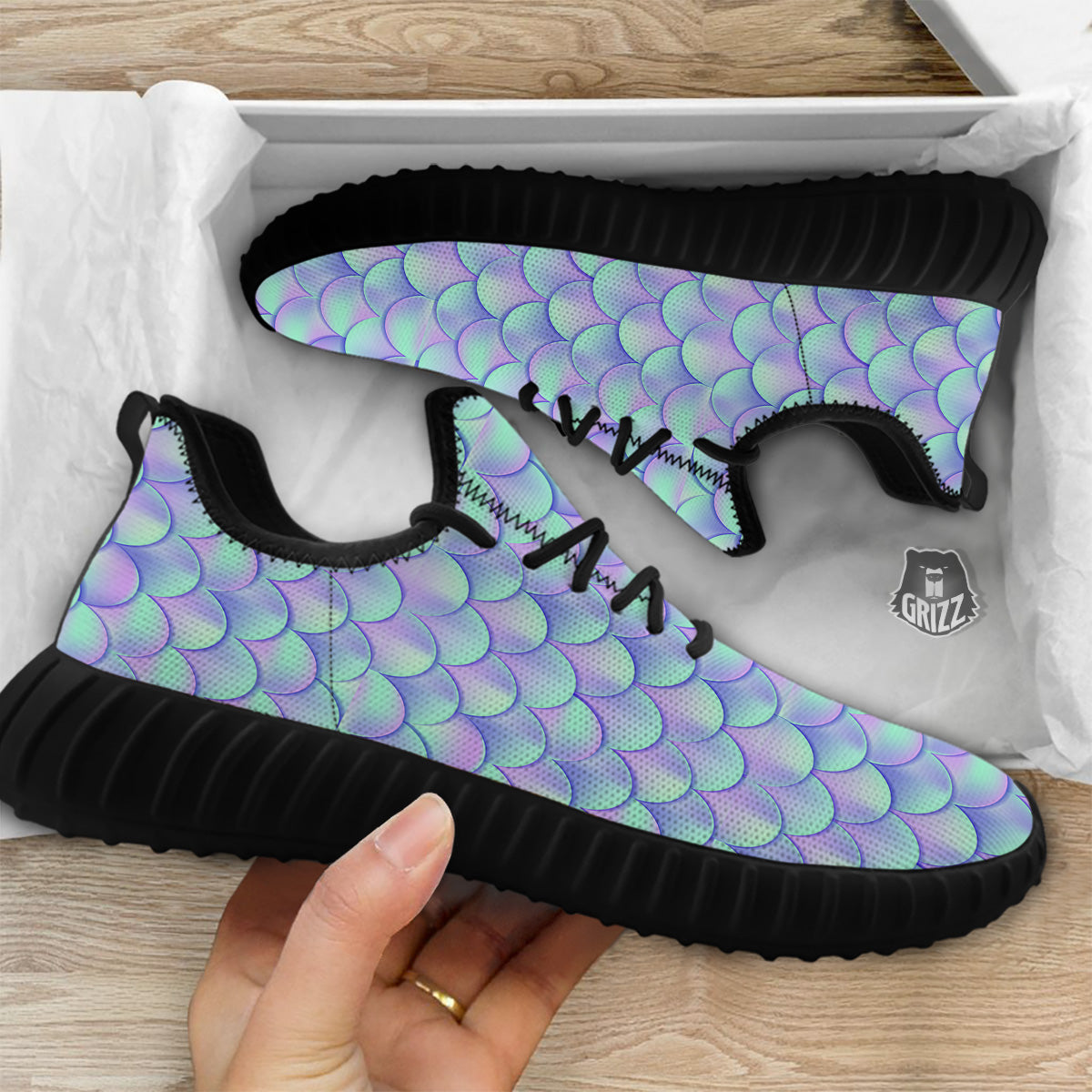 Holographic Mermaid Tail Print Pattern Black Walking Shoes-grizzshop