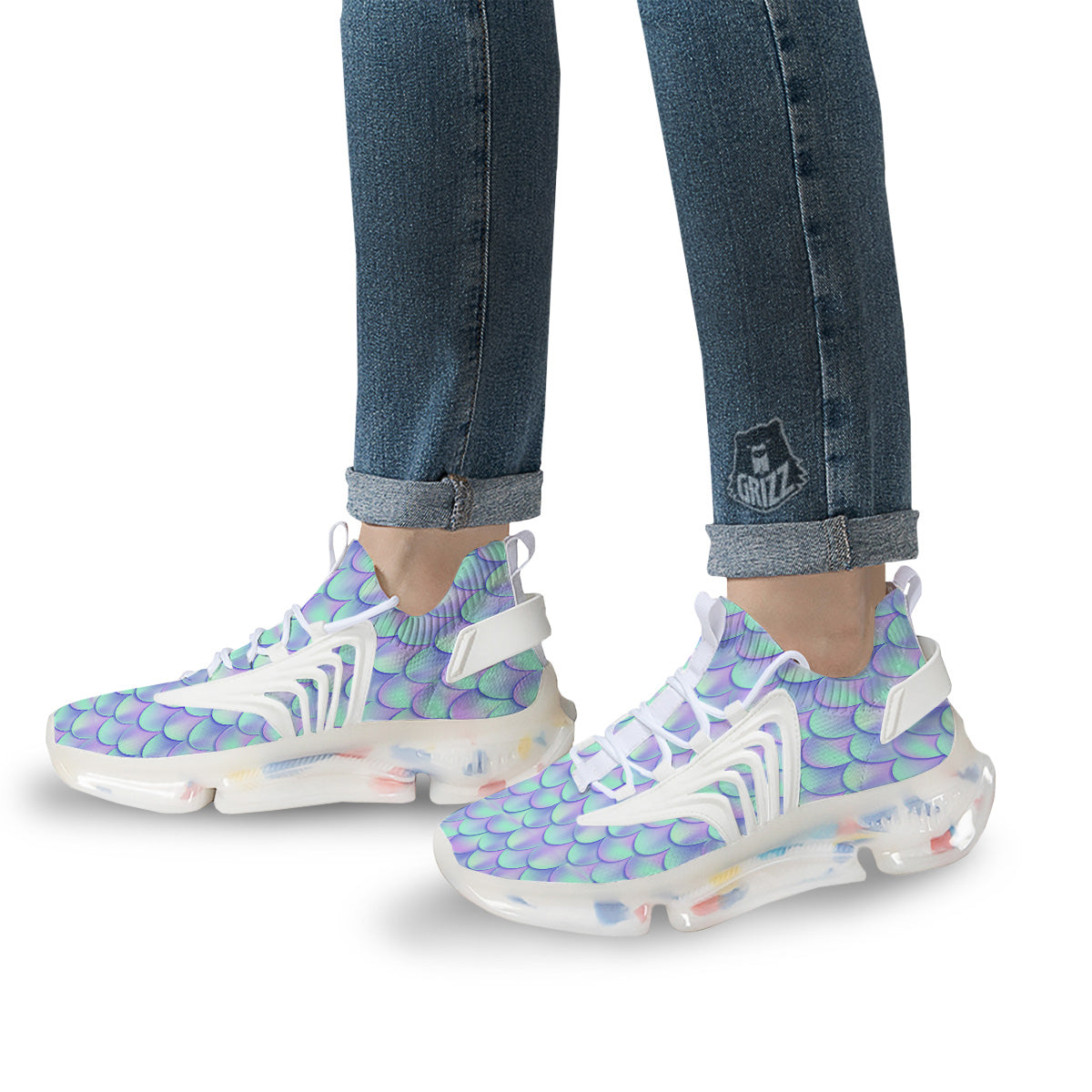 Holographic Mermaid Tail Print Pattern White Gym Shoes-grizzshop