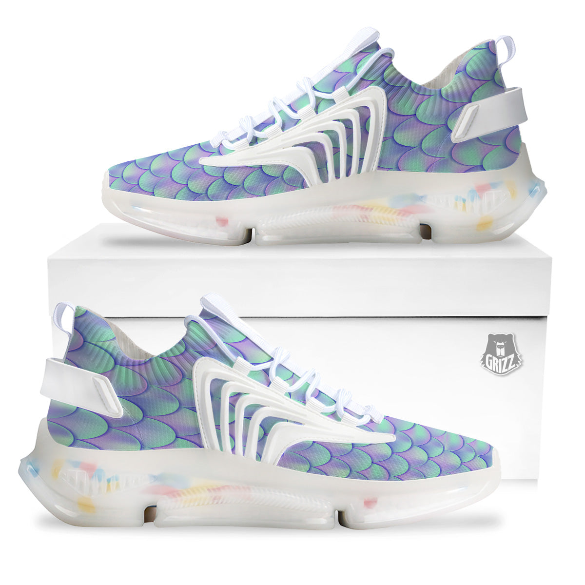 Holographic Mermaid Tail Print Pattern White Gym Shoes-grizzshop