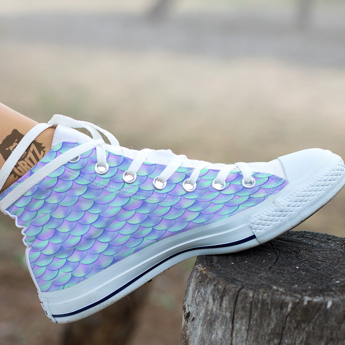 Holographic Mermaid Tail Print Pattern White High Top Shoes-grizzshop