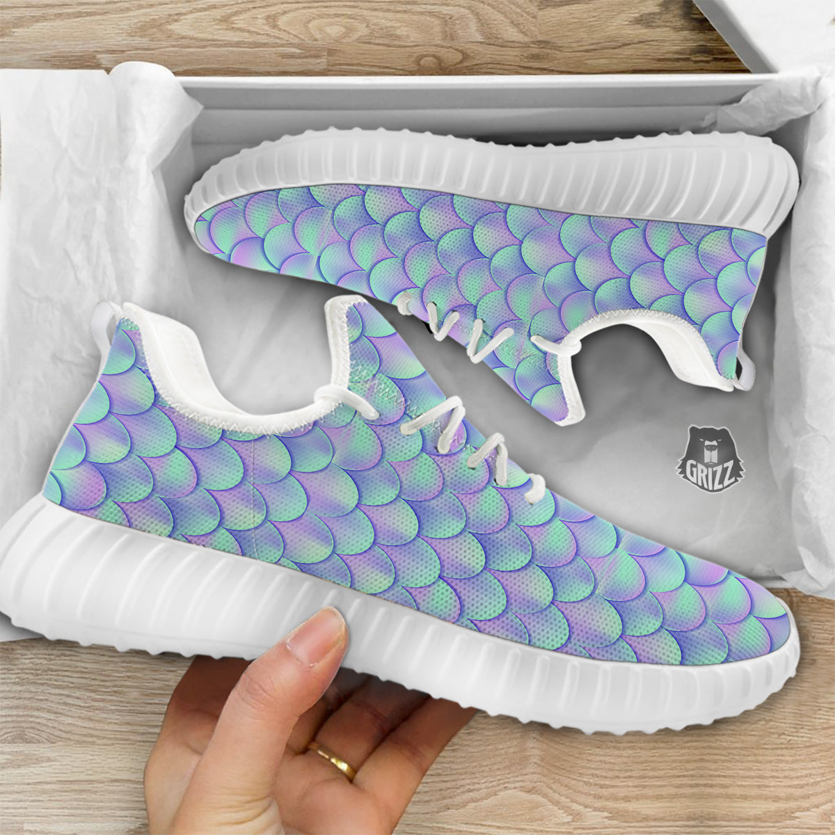 Holographic Mermaid Tail Print Pattern White Walking Shoes-grizzshop