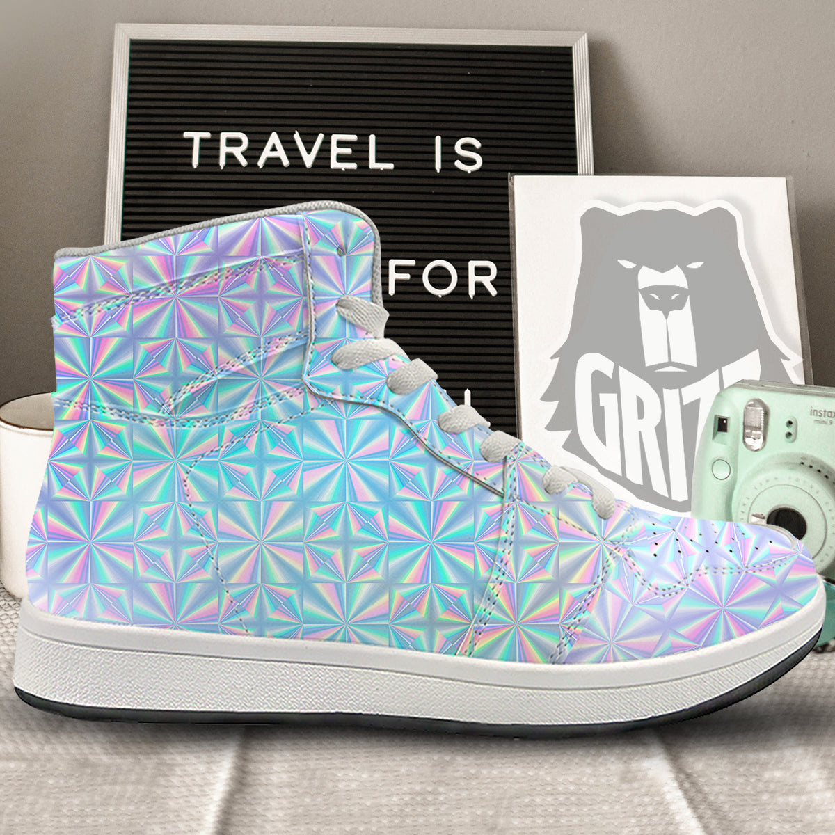 Holographic Paper Texture Print High Top Sneakers-grizzshop