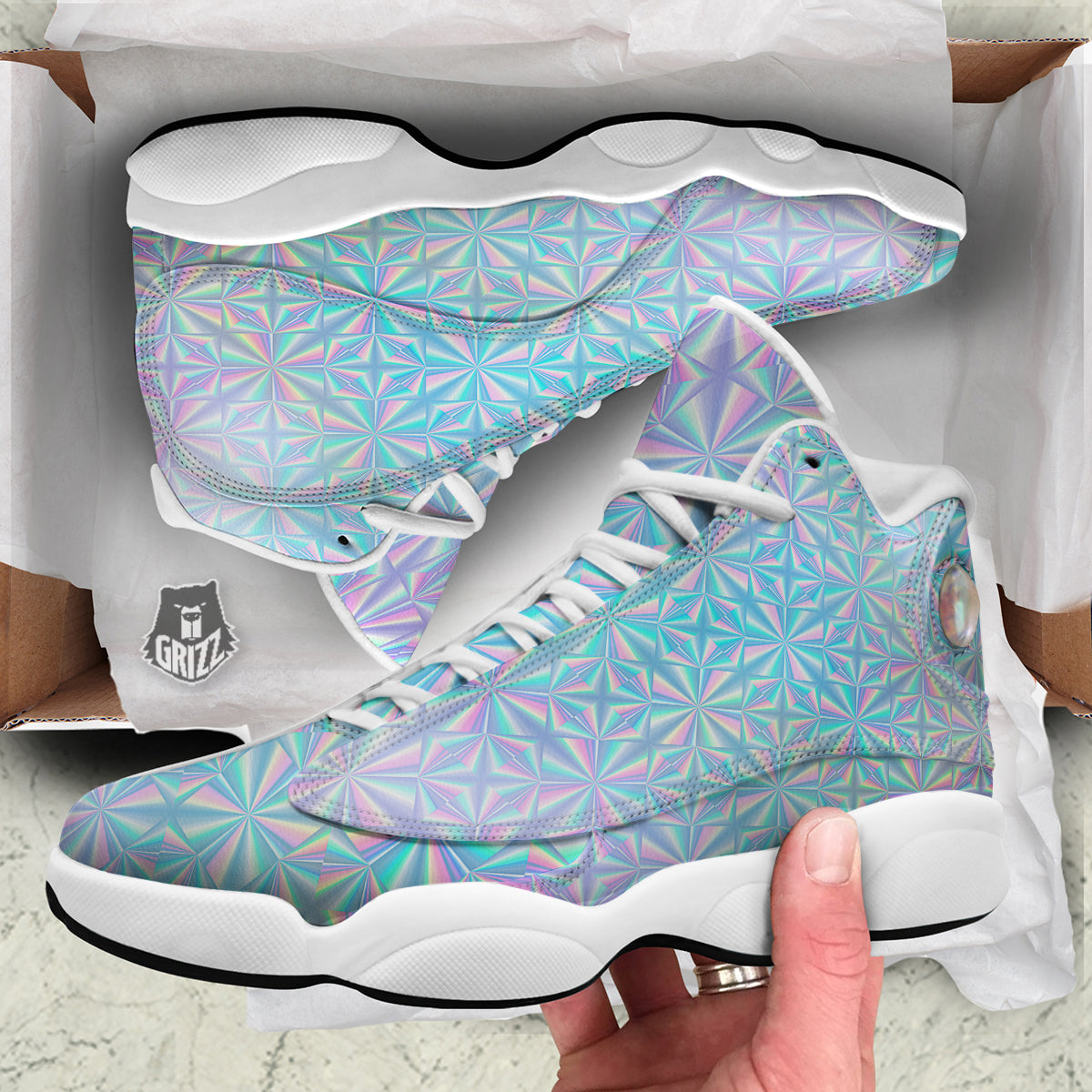 Holographic Paper Texture Print White Basketball Shoes-grizzshop