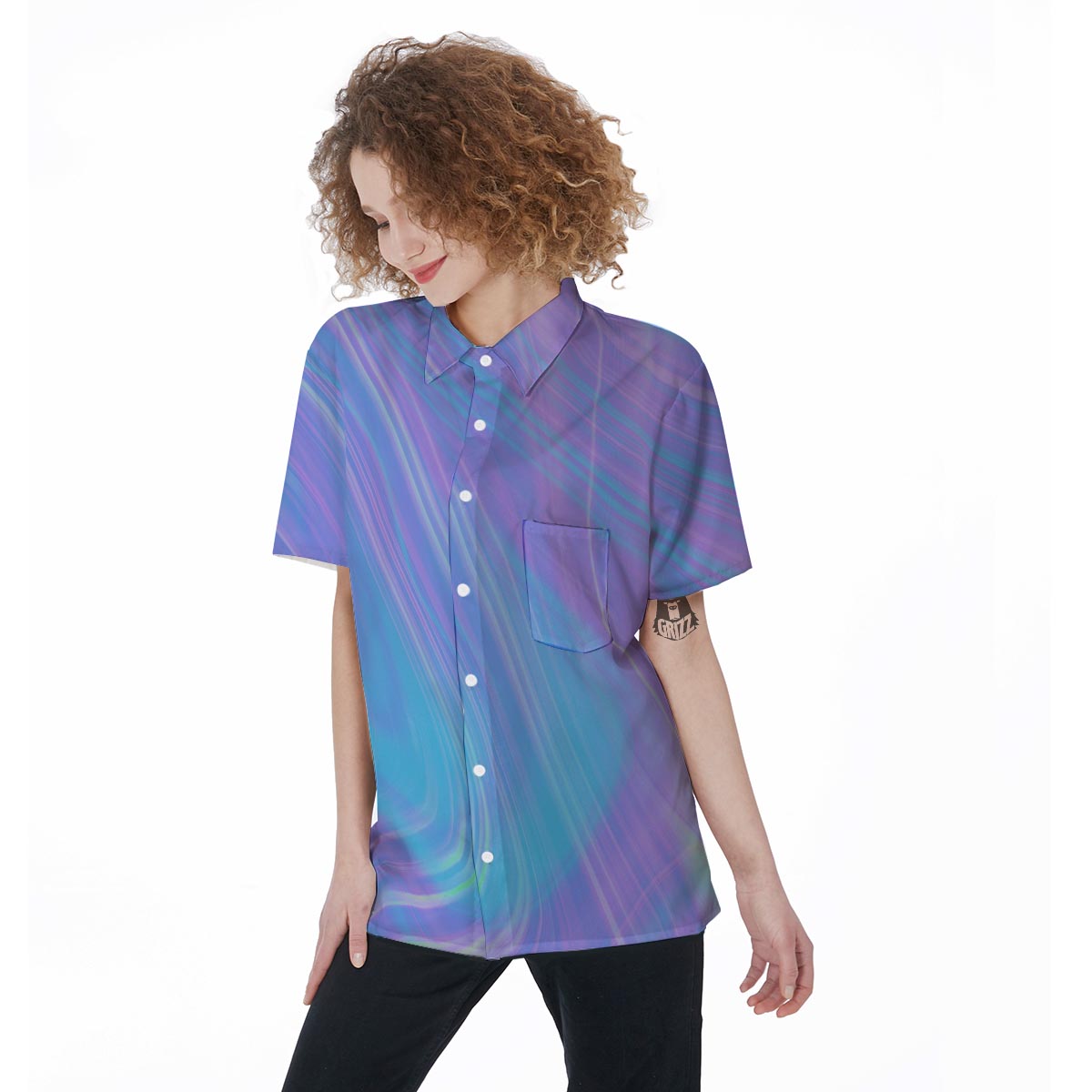 Holographic Print Women's Short Sleeve Shirts-grizzshop