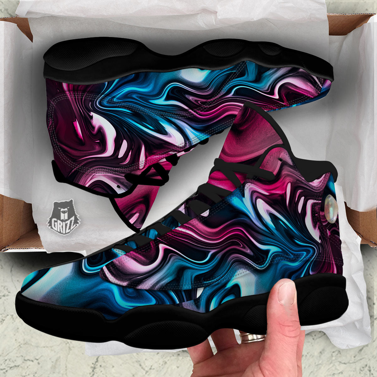 Holographic Psychedelic Print Pattern Black Basketball Shoes-grizzshop