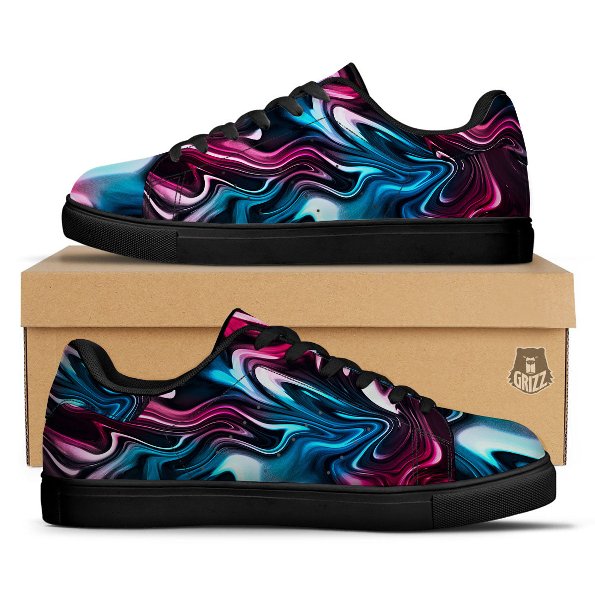 Holographic Psychedelic Print Pattern Black Low Top Sneakers-grizzshop